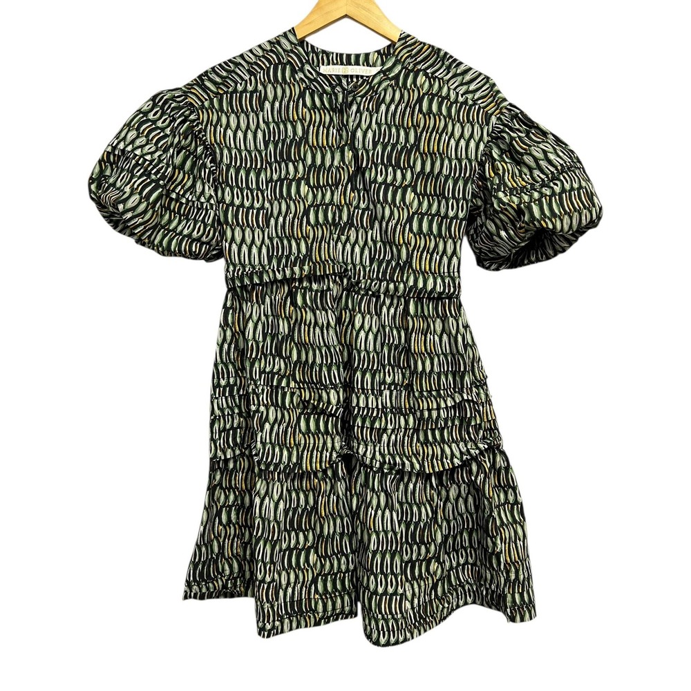 Marie Oliver Dress Womens XXS Green Black Puff Sleeve Tiered Ruffle Cotton Short